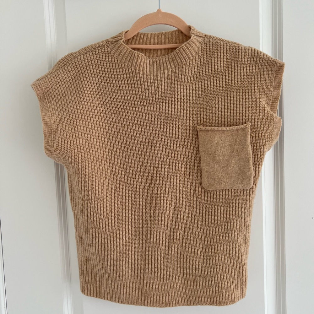 Tan Knit Sleeveless Sweater with Pocket